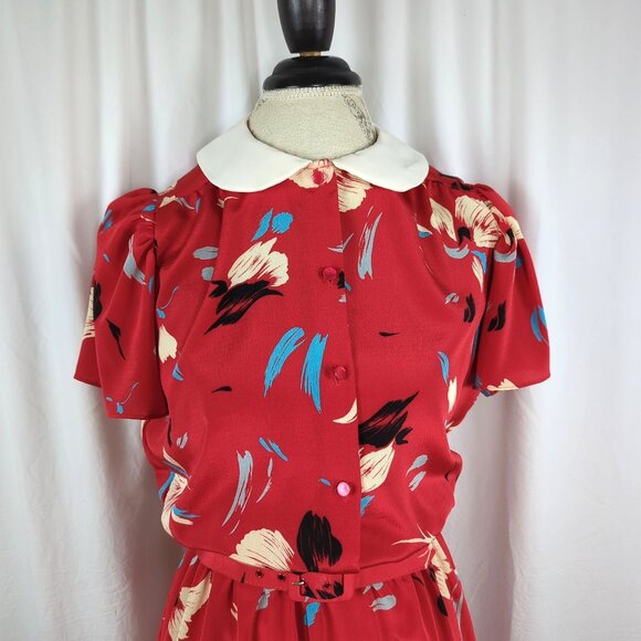 Vintage John Richard Red Dress 6 Small Floral Midi - Picture 3 of 10